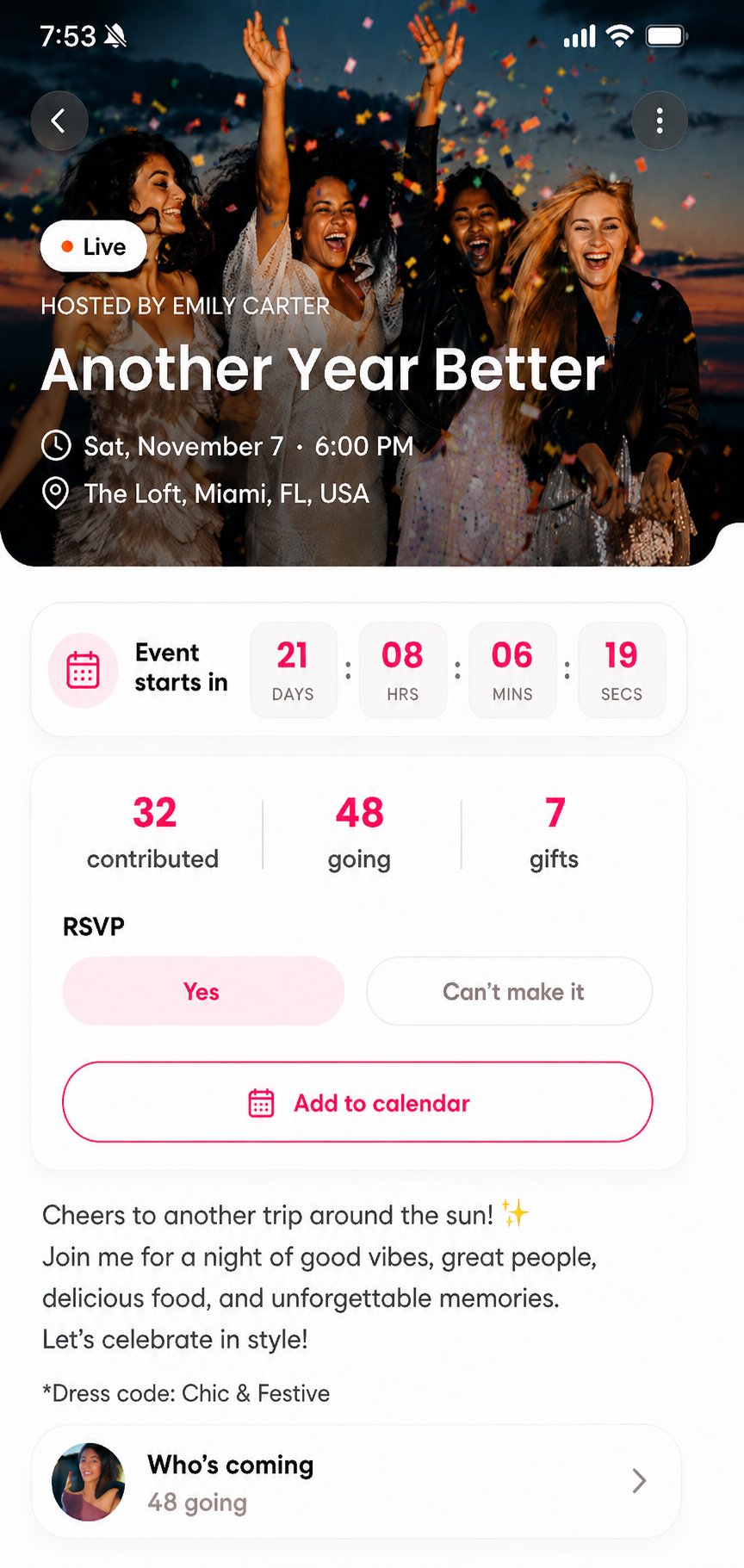 Gift Together app event page showing RSVP options, countdown, and guest activity