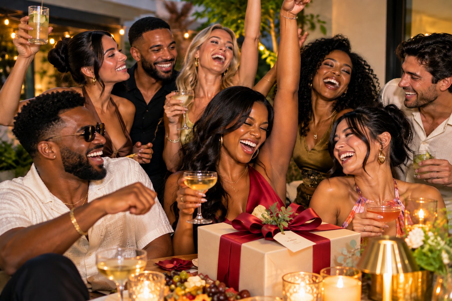 Friends laughing and raising glasses around a candlelit table with a kraft-wrapped gift box