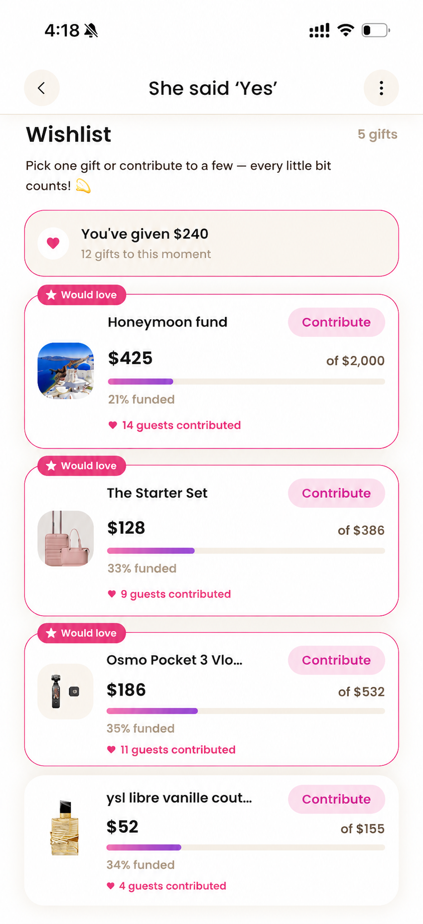 Gift Together app wishlist screen showing group contributions toward a honeymoon fund and other gifts