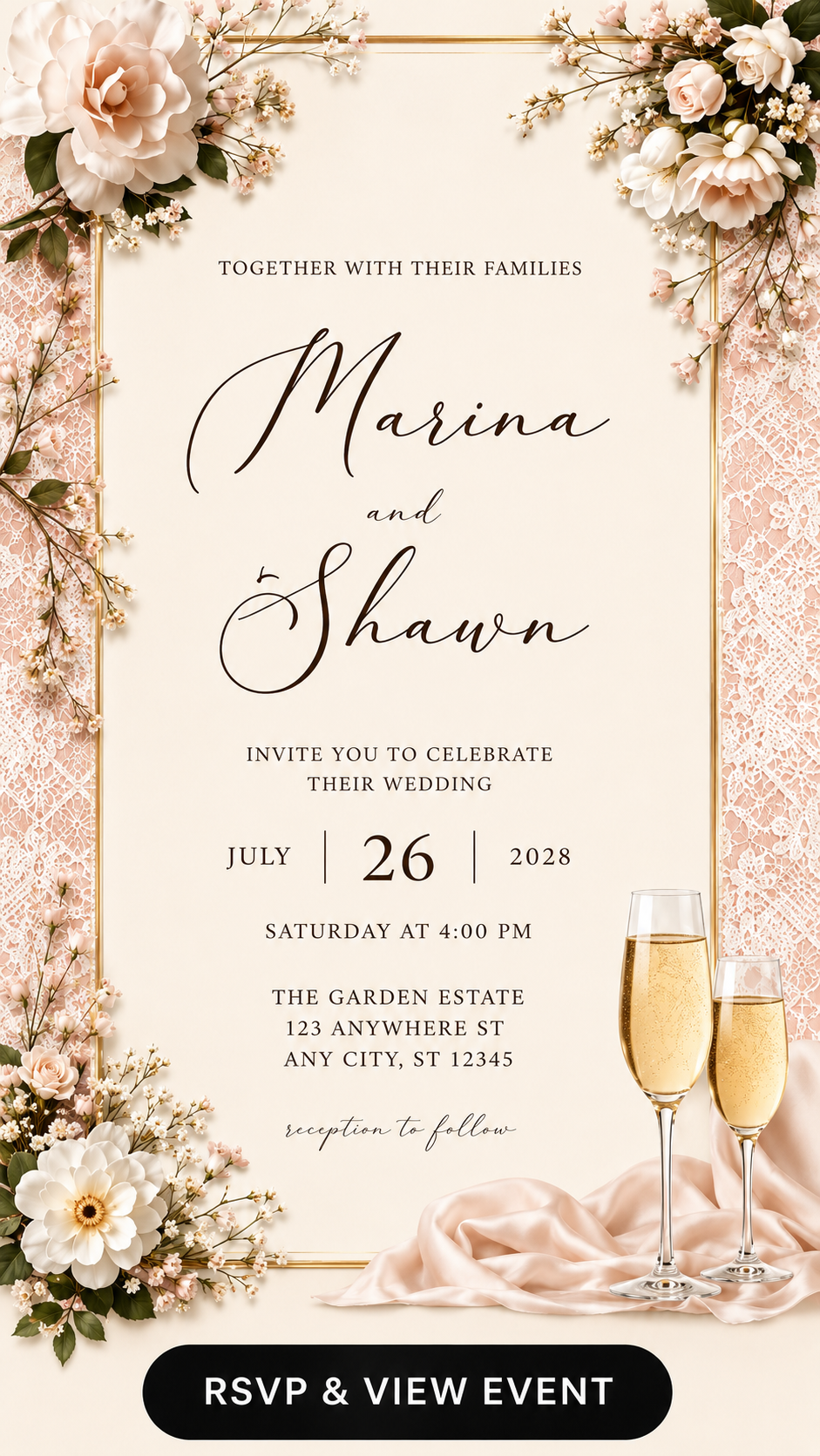 Gift Together app screen showing a floral wedding invitation with RSVP button