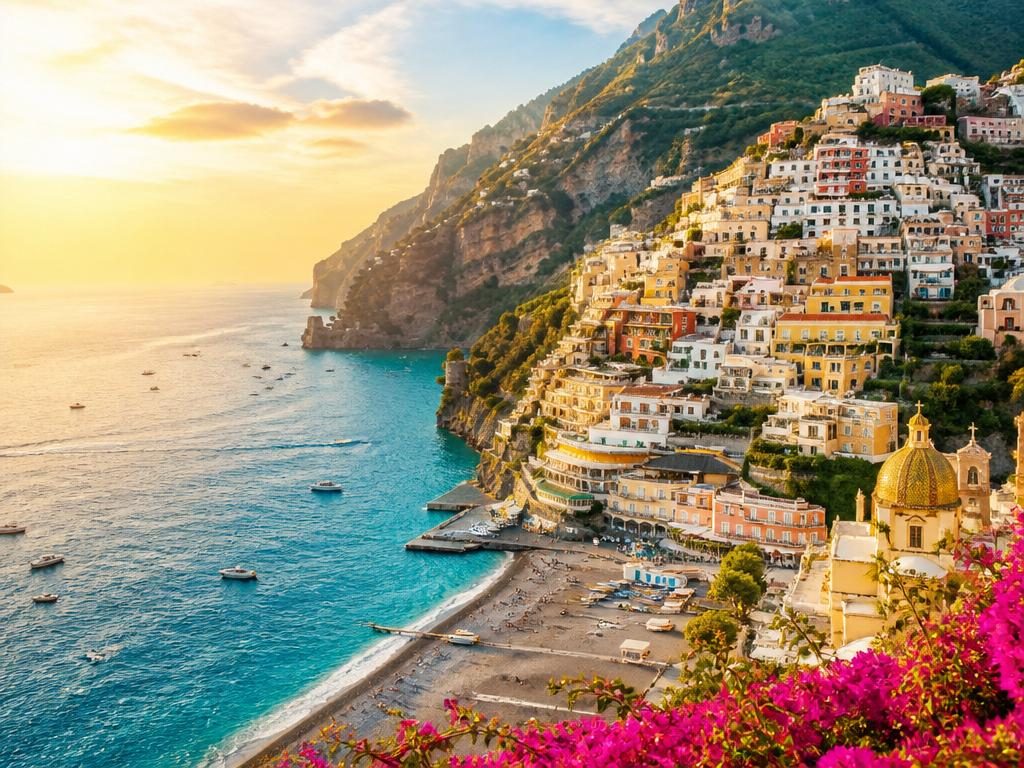 Amalfi Coast, Italy — colorful cliffside village at golden sunset with turquoise sea