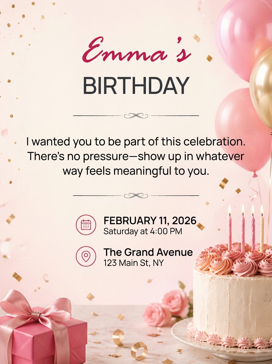 Beautiful birthday invitation preview with balloons, cake, and gift
