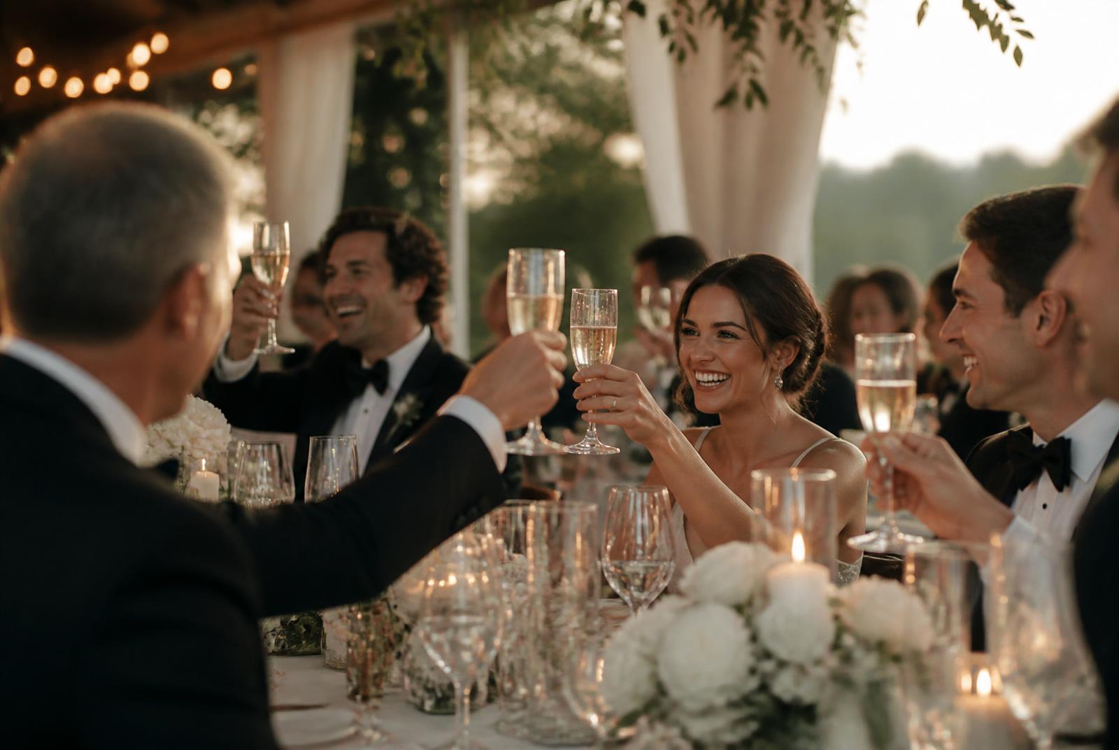 Wedding guests raising a toast at the reception