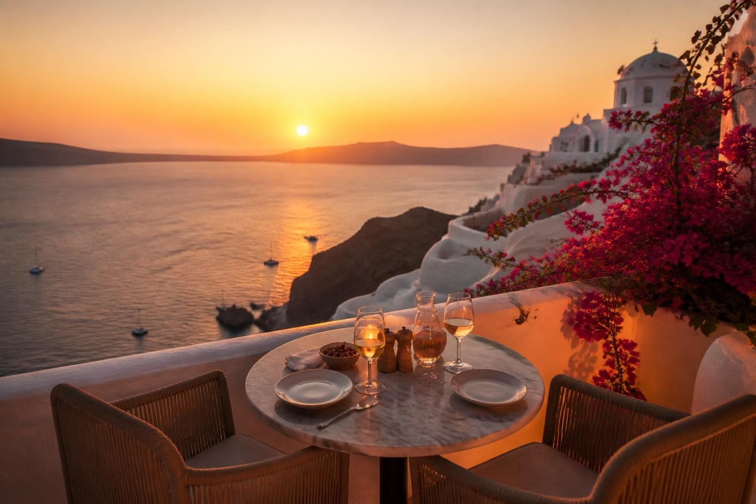 Romantic sunset dinner overlooking the Aegean Sea in Santorini